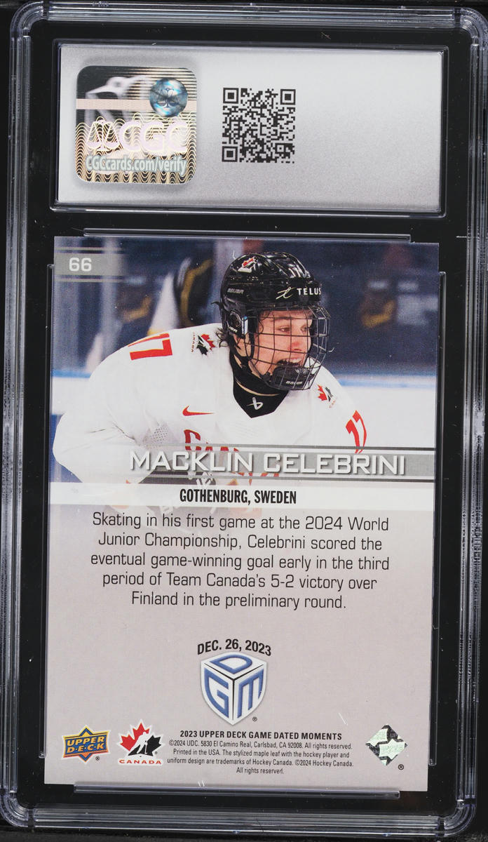 2023 UD Game Dated Moments Macklin Celebrini ROOKIE #66 CGC 10 GEM MINT