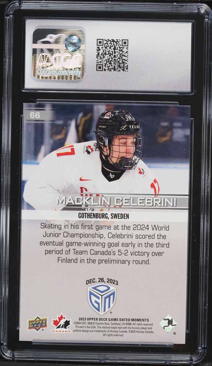2023 UD Game Dated Moments Macklin Celebrini ROOKIE #66 CGC 10 GEM MINT