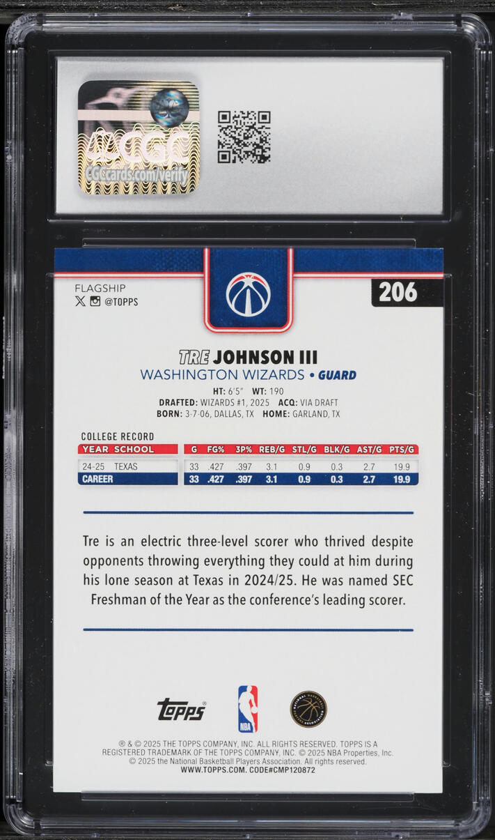 2025 Topps Basketball Tre Johnson III ROOKIE #206 CGC 10 GEM MINT