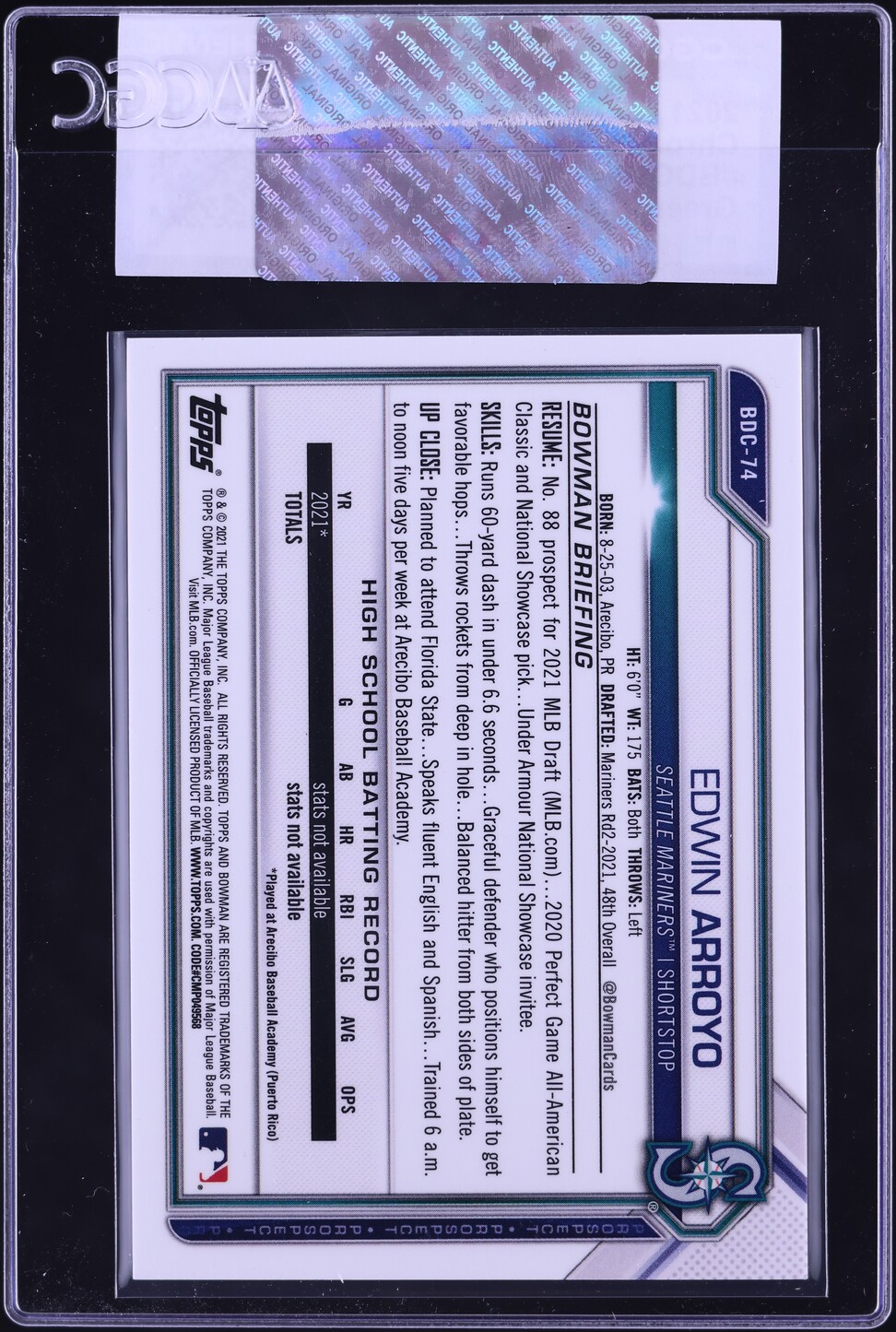 2021 Bowman Chrome Draft Green Refractor Edwin Arroyo PROSPECT /99 #BDC-74 CGC AUTH