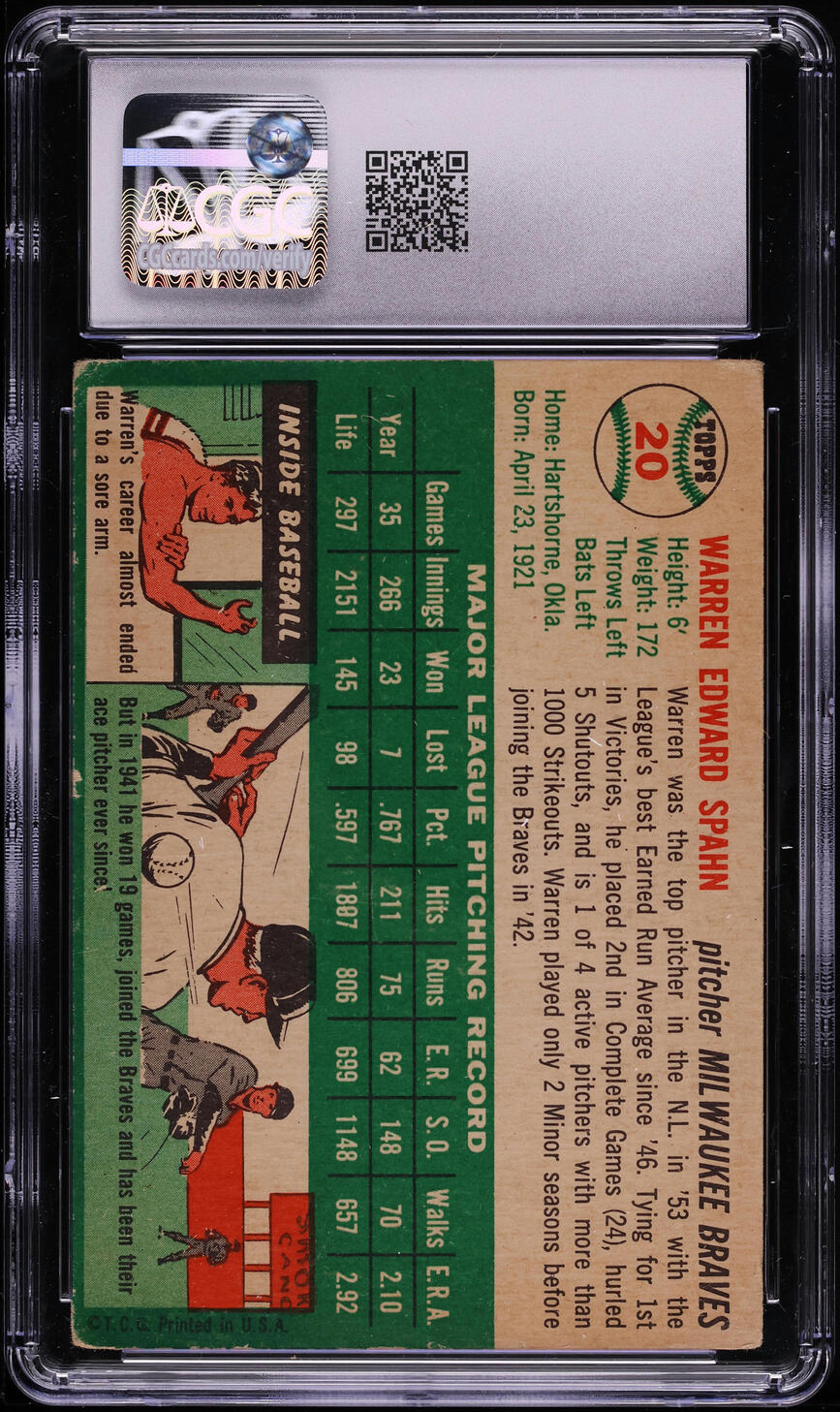 1954 Topps Warren Spahn #20 CGC 3 VG