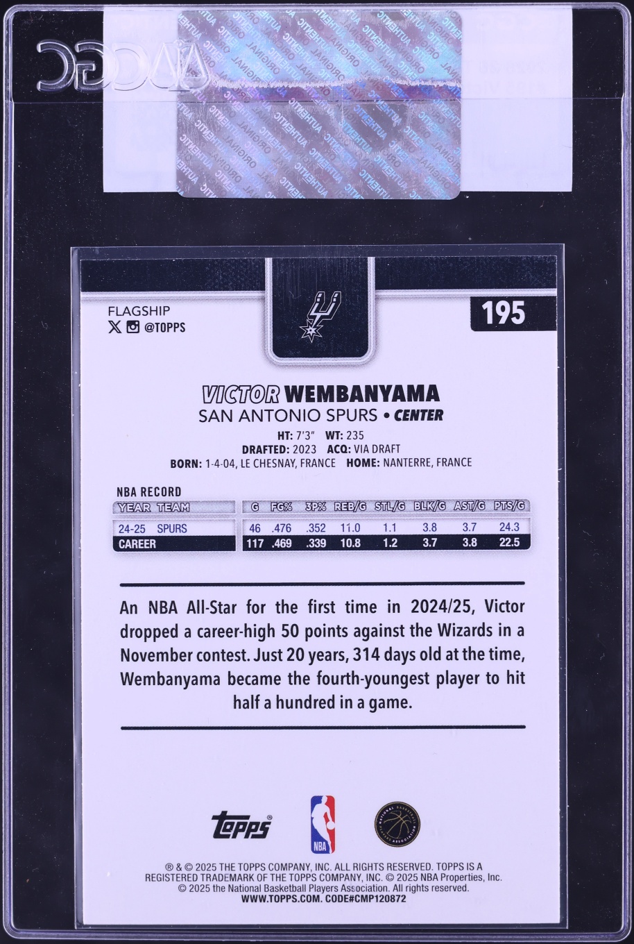 2025 Topps Basketball Victor Wembanyama #195 CGC AUTH