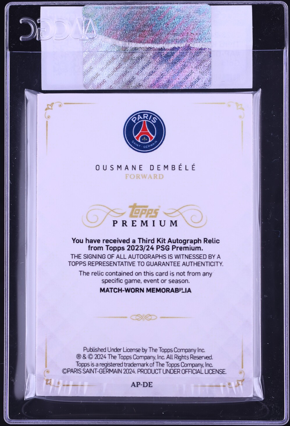 2023 Topps Premium PSG B&W Third Gold Ousmane Dembele PATCH AUTO 1/1 CGC AUTH