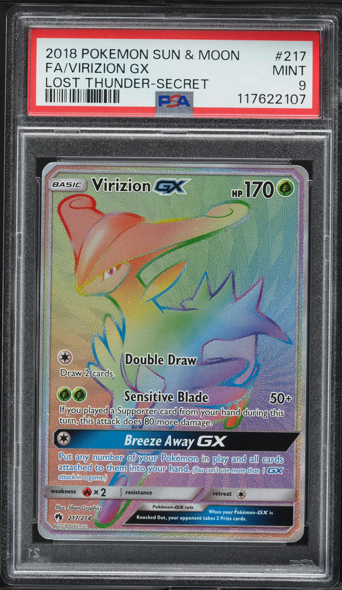 2018 Pokemon Sun & Moon Lost Thunder Rainbow Rare Virizion GX #217 PSA 9 MINT
