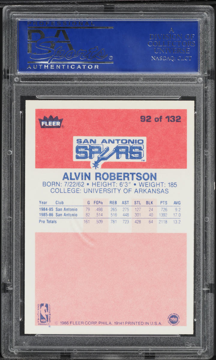 1986 Fleer Basketball Alvin Robertson ROOKIE #92 PSA 10 GEM MINT