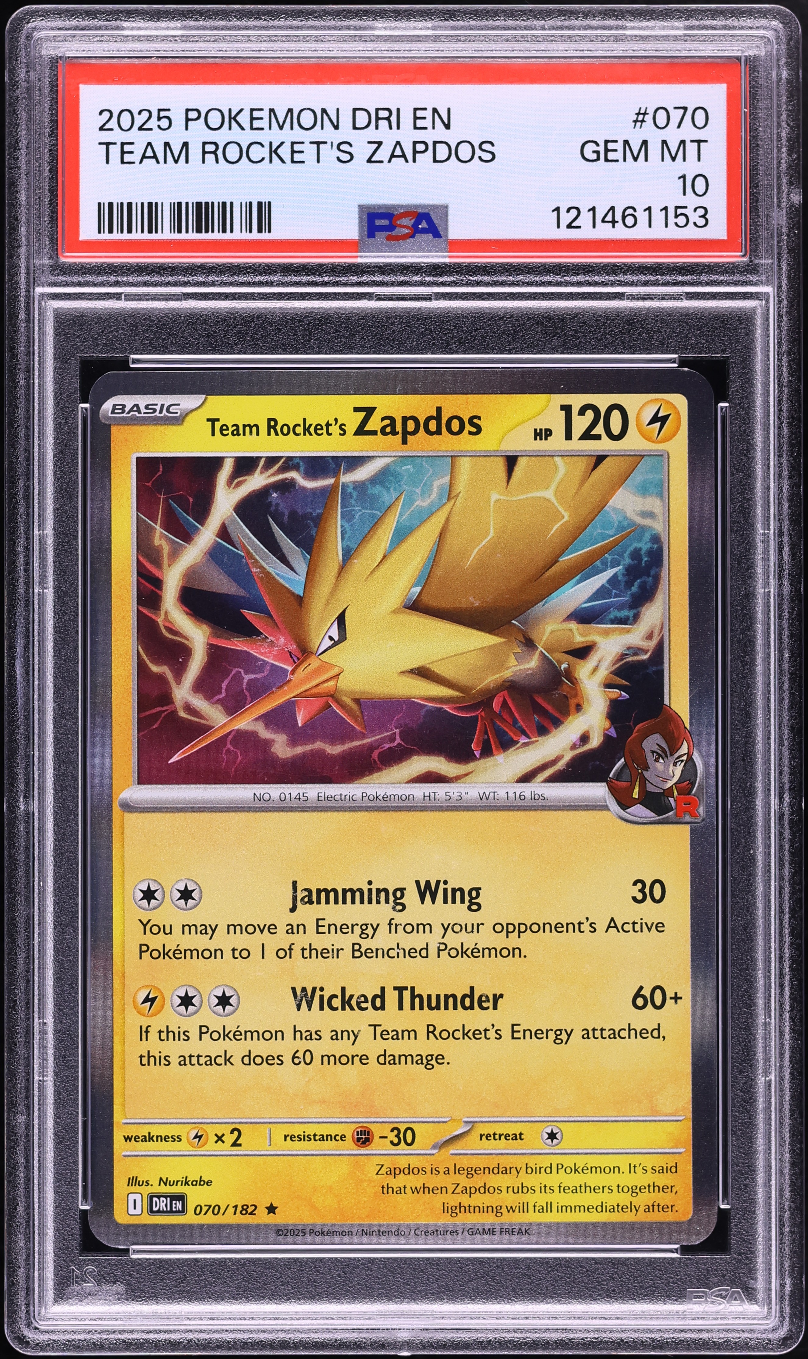 2025 Pokemon Scarlet & Violet Destined Rivals Holo Team Rocket's Zapdos #70 PSA 10 GEM MINT