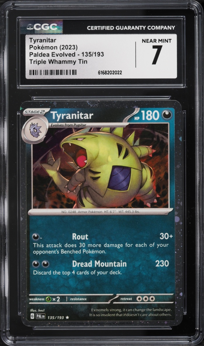 2023 Pokemon SV Paldea Evolved Triple Whammy Tin Cosmos Holo Tyranitar #135 CGC 7 NRMT