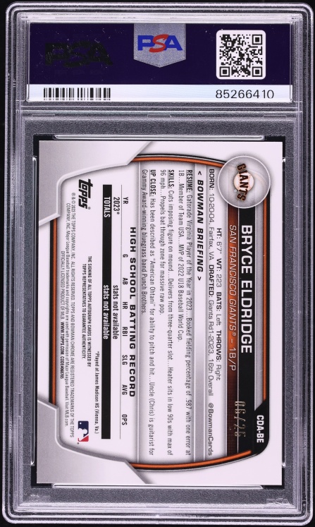 2023 Bowman Chrome Draft Orange Refractor Bryce Eldridge PROSPECT AUTO /25 #CDA-BE PSA 10 GEM