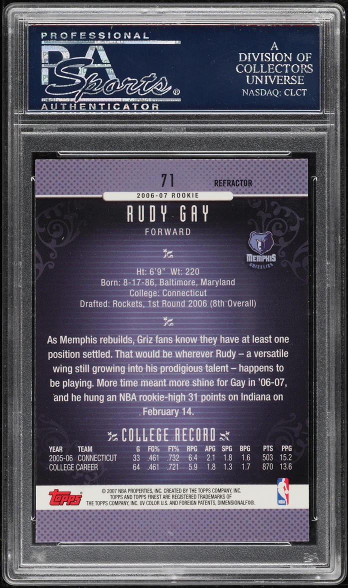 2006 Finest Refractor Rudy Gay ROOKIE #71 PSA 10 GEM MINT