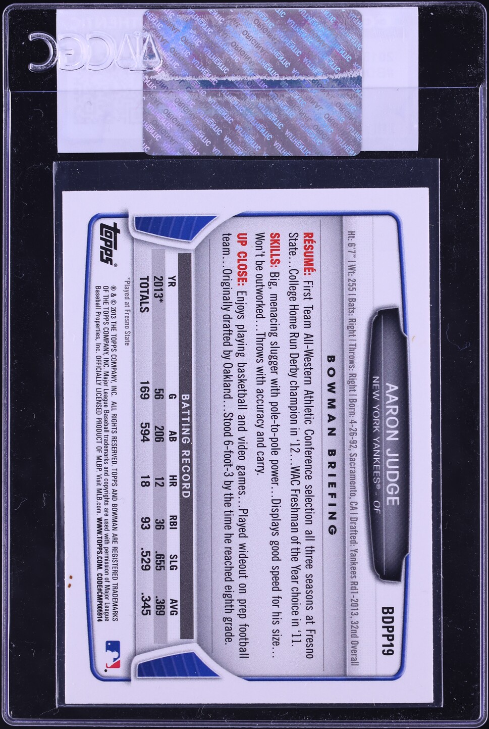 2013 Bowman Draft Picks Aaron Judge PROSPECT #BDPP19 CGC AUTH