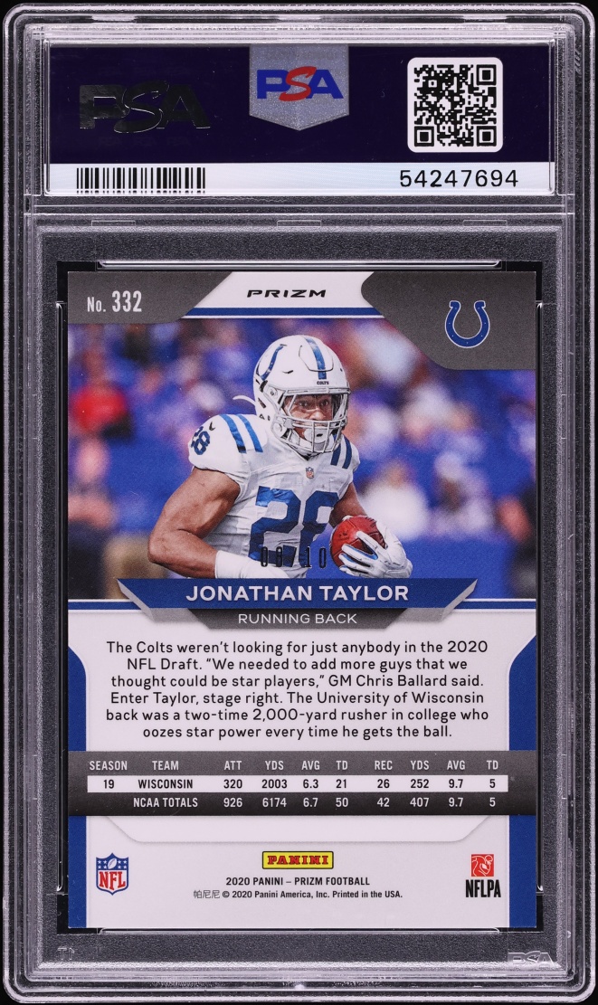 2020 Panini Prizm Gold Prizm Jonathan Taylor ROOKIE /10 #332 PSA 9 MINT - Photo 2