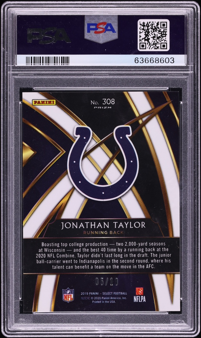 2019 Select '20 XRC Prizm Redemption Gold Jonathan Taylor ROOKIE /10 #308 PSA 9 MINT - Photo 2