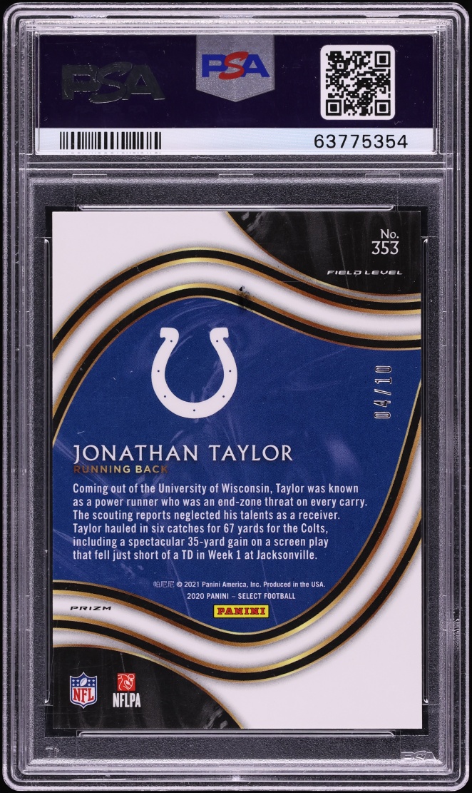 2020 Select Field Level Gold Prizm Jonathan Taylor ROOKIE 10/10 #353 PSA 10 GEM MINT - Photo 2