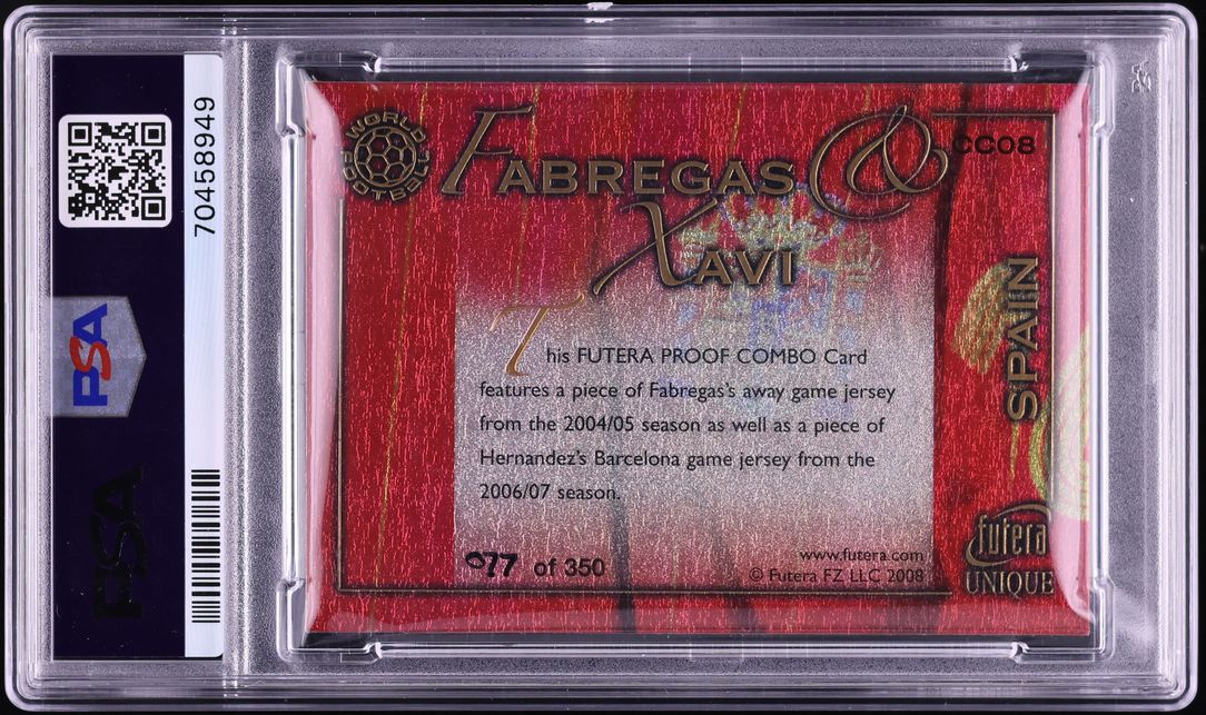 2008 Futera Unique World Country Combos Fabregas Xavi GAME-USED PATCH /350 PSA 9