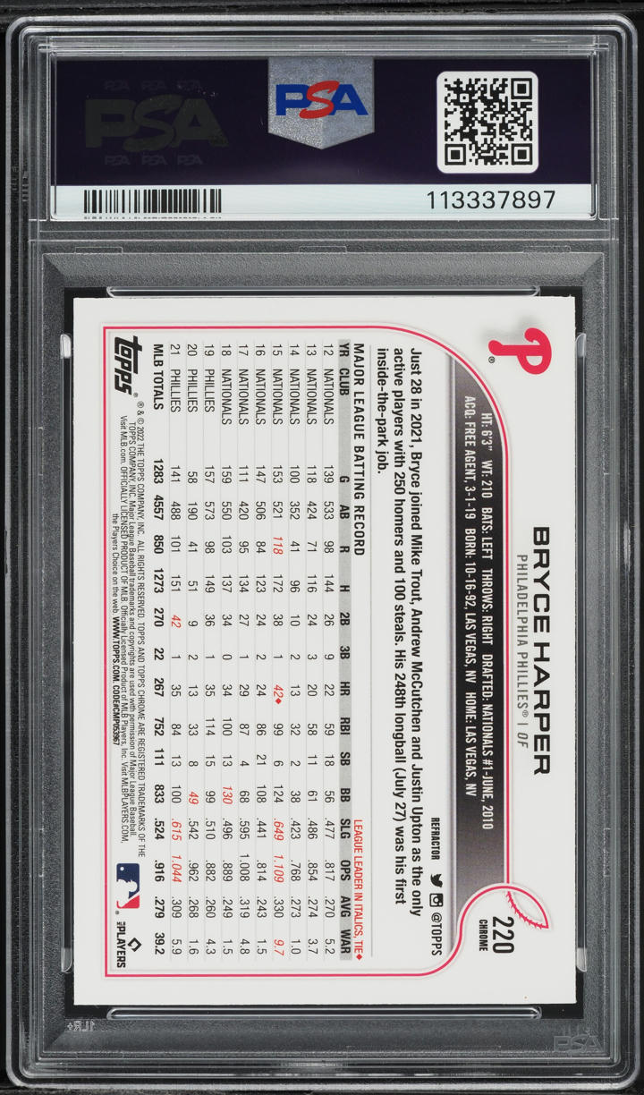 2022 Topps Chrome Refractor Bryce Harper #220 PSA 9 MINT