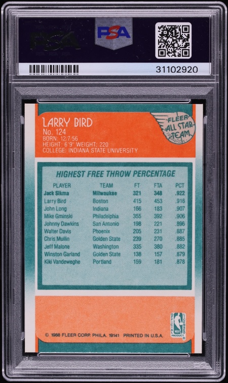 1988 Fleer Basketball Larry Bird ALL-STAR #124 PSA 10 GEM MINT