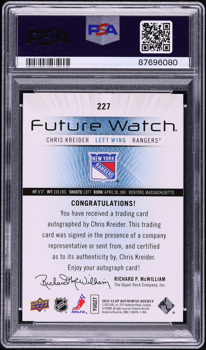 2012 SP Authentic Chris Kreider ROOKIE AUTO /999 #227 PSA 9 MINT