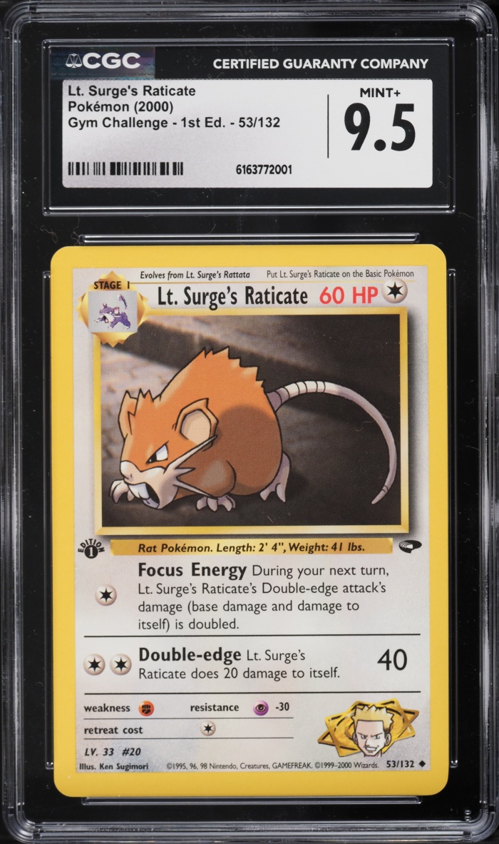 2000 Pokemon Gym Challenge 1st Edition Lt. Surge's Raticate #53 CGC 9.5 MINT+