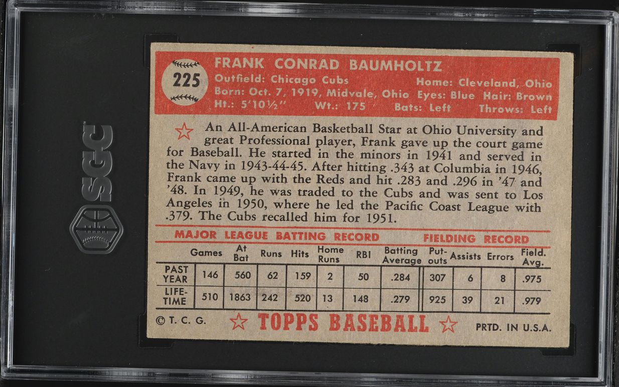 1952 Topps Frank Baumholtz #225 SGC 3 VG