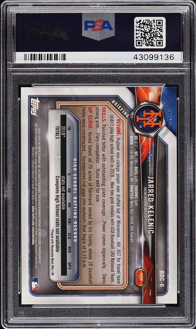2018 Bowman Chrome Green Refractor Jarred Kelenic PROSPECT /99 #BDC-6 PSA 10 GEM