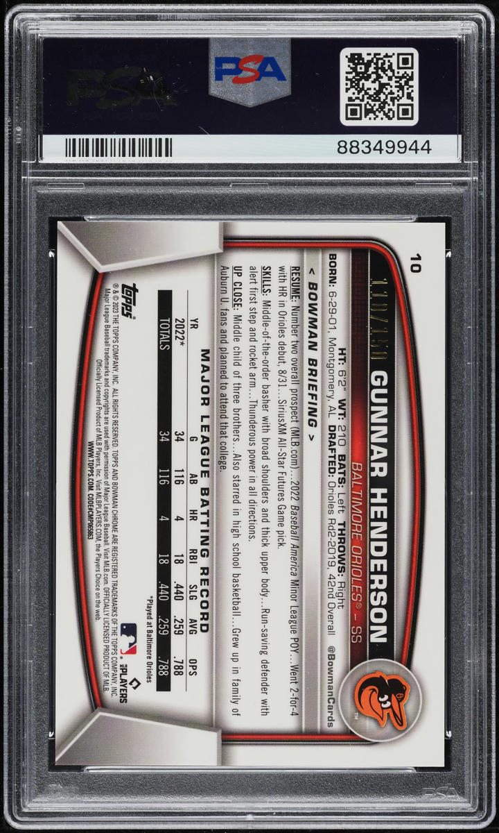 2023 Bowman Chrome Blue Gunnar Henderson ROOKIE /150 #10 PSA 10 GEM MINT - Photo 2