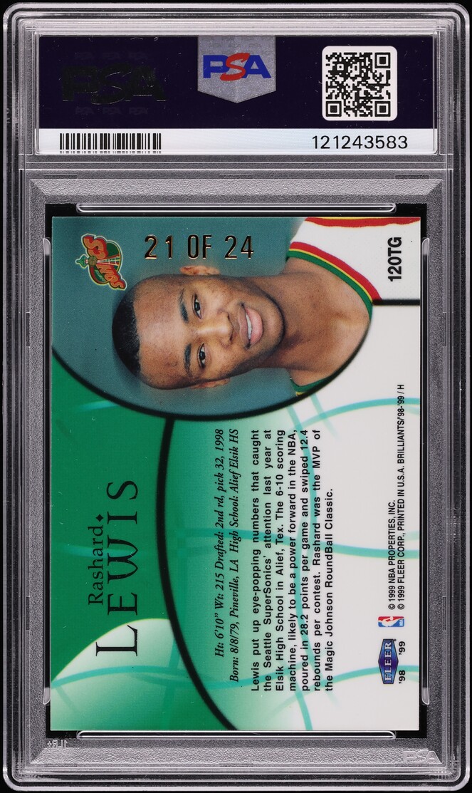 1998 Fleer Brilliants 24KT Gold Rashard Lewis ROOKIE /24 #120TG PSA 8 NM-MT - Photo 2