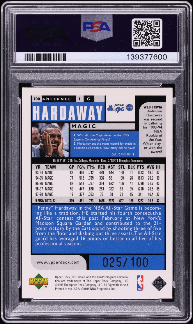 1998 Upper Deck Choice Prime Choice Reserve Anfernee Hardaway /100 #100 PSA 9 MINT - Photo 2