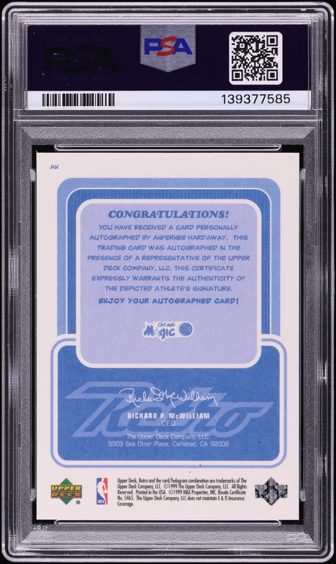 1999 Upper Deck Retro Inkredible Anfernee Hardaway AUTO #AN PSA 10 GEM MINT - Photo 2