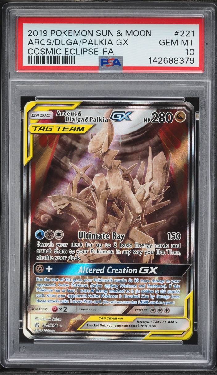2019 Pokemon Sun & Moon Cosmic Eclipse Alt Art Arceus & Dialga & Palkia GX #221 PSA 10 GEM MINT