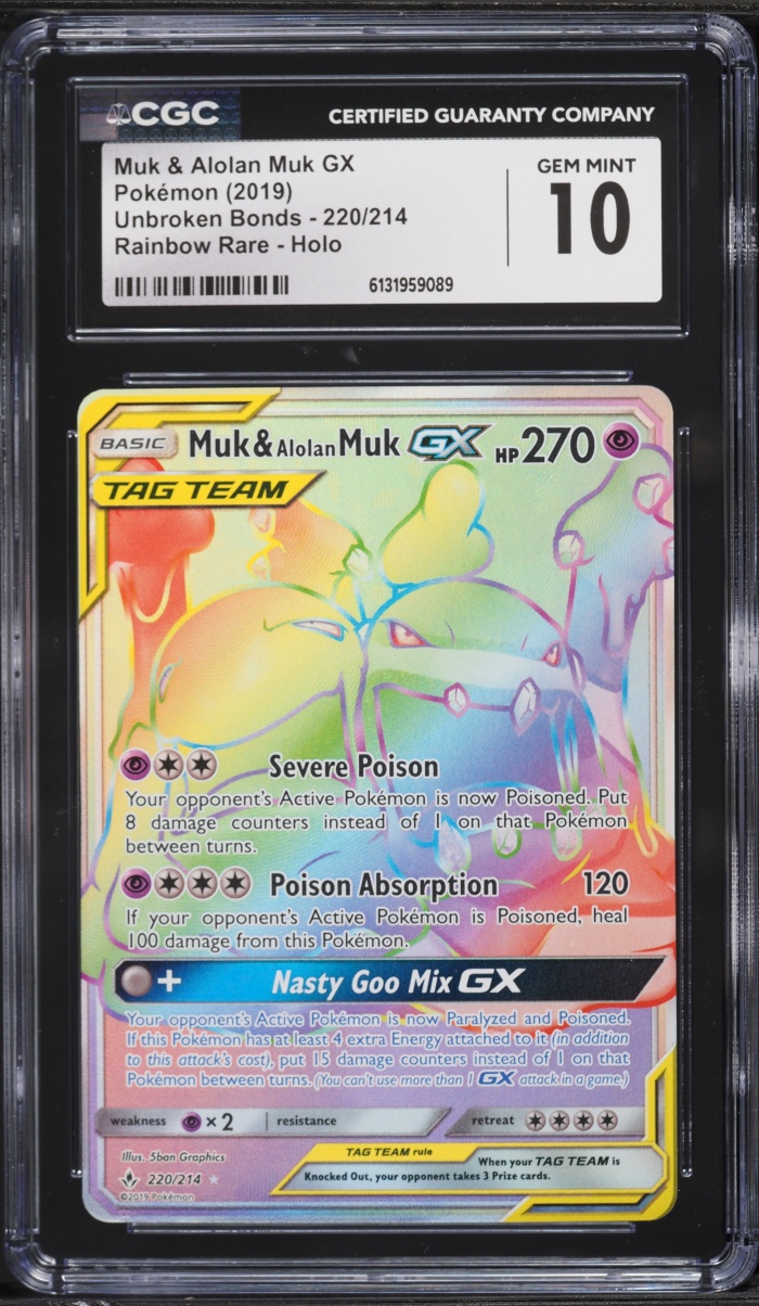 2019 Pokemon SM Unbroken Bonds Rainbow Rare Muk & Alolan Muk GX #220 CGC 10 GEM MINT