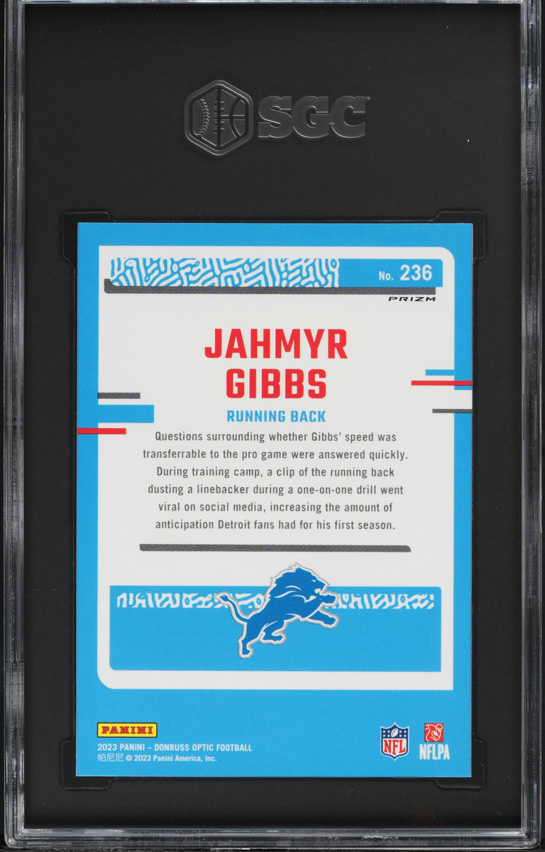 2023 Donruss Optic Blue Hyper Prizm Jahmyr Gibbs ROOKIE #236 SGC 9.5 MINT+