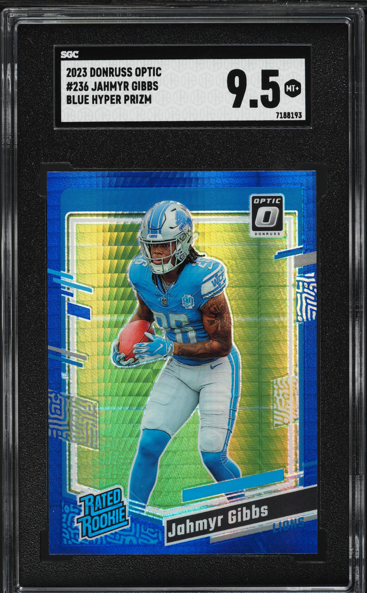 2023 Donruss Optic Blue Hyper Prizm Jahmyr Gibbs ROOKIE #236 SGC 9.5 MINT+