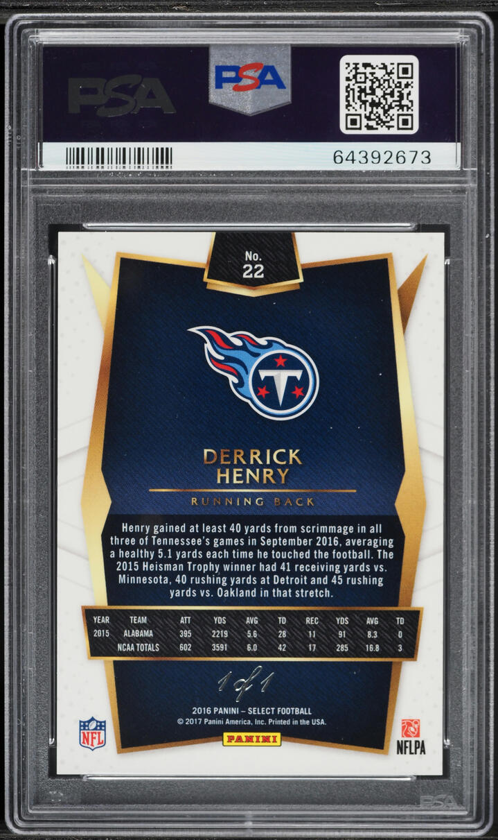 2016 Select Black Prizm Derrick Henry ROOKIE 1/1 #22 PSA 10 GEM MINT