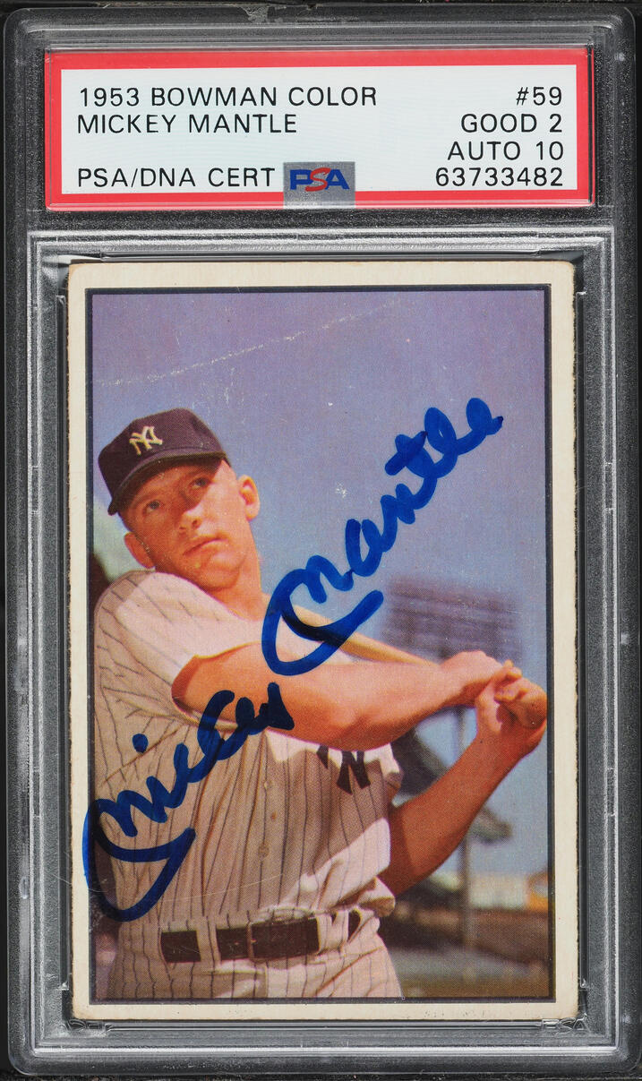 1953 Bowman Color Mickey Mantle AUTO DNA 10 #59 PSA 2 GD