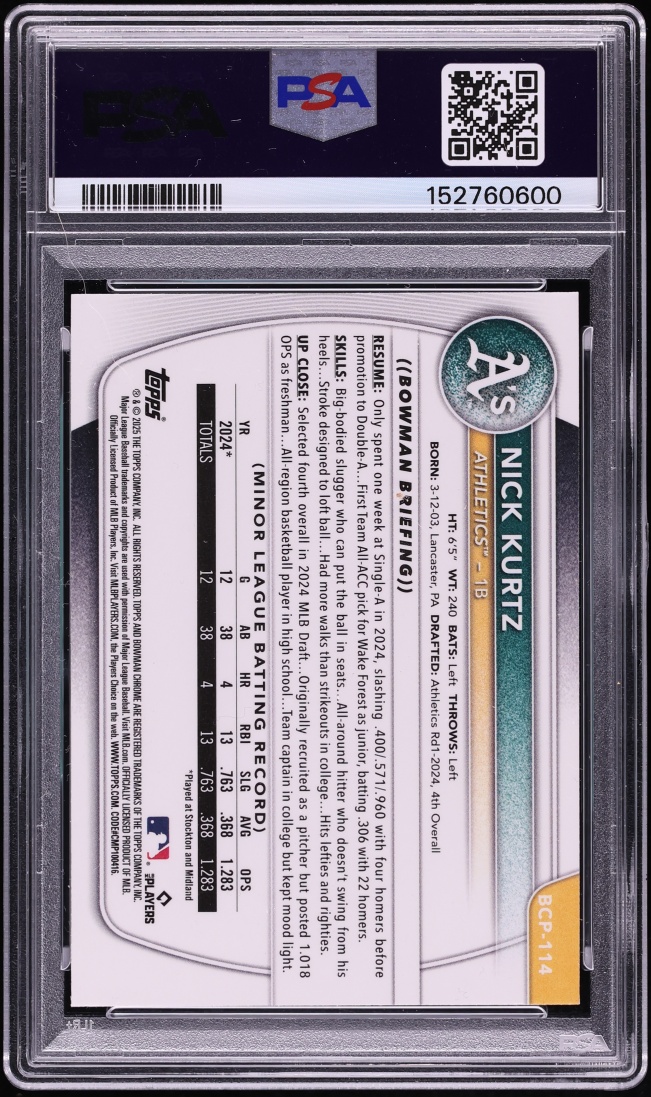 2025 Bowman Chrome Reptilian Refractor Nick Kurtz PROSPECT #BCP-114 PSA 9 MINT
