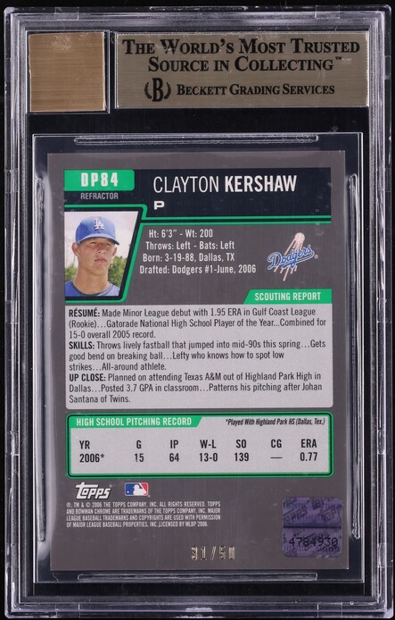 2006 Bowman Chrome Gold Refractor Clayton Kershaw PROSPECT AUTO /50 #DP84 BGS 9.5 GEM MINT