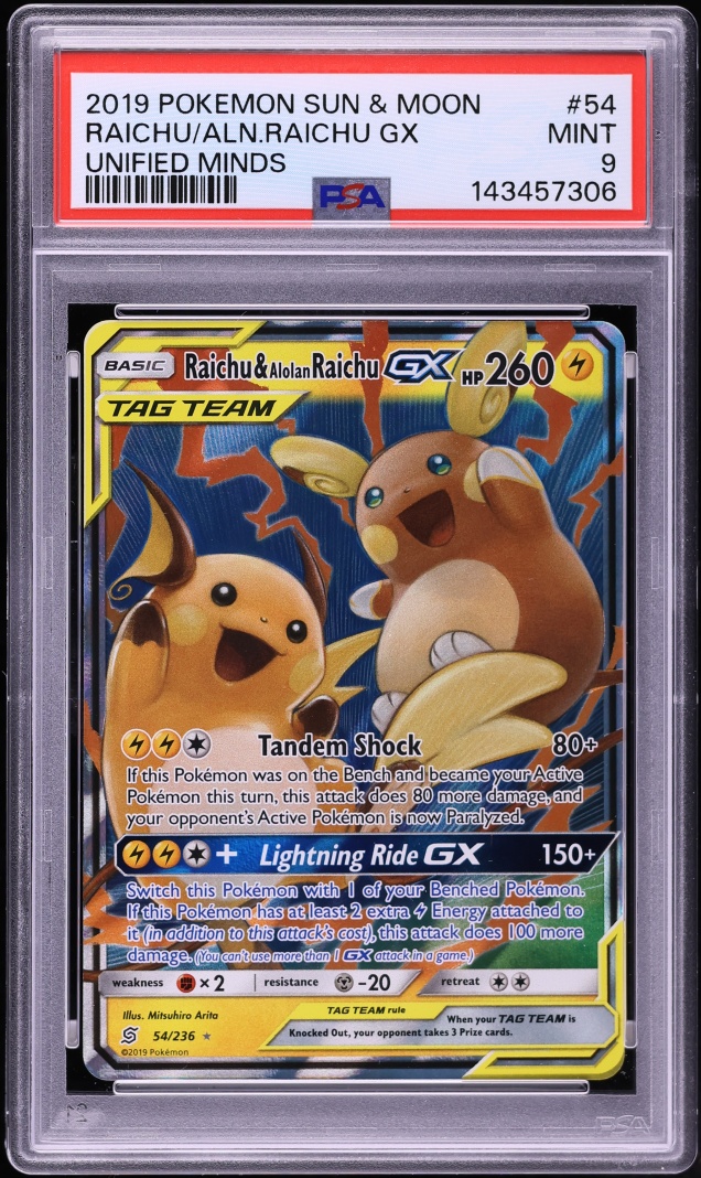2019 Pokemon Sun & Moon Unified Minds Raichu & Alolan Raichu GX #54 PSA 9 MINT