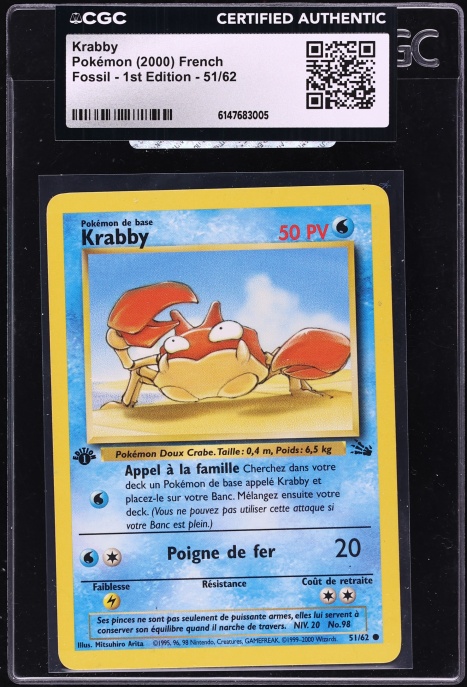 2000 Pokemon French Fossil 1st Edition Krabby #51 CGC AUTH