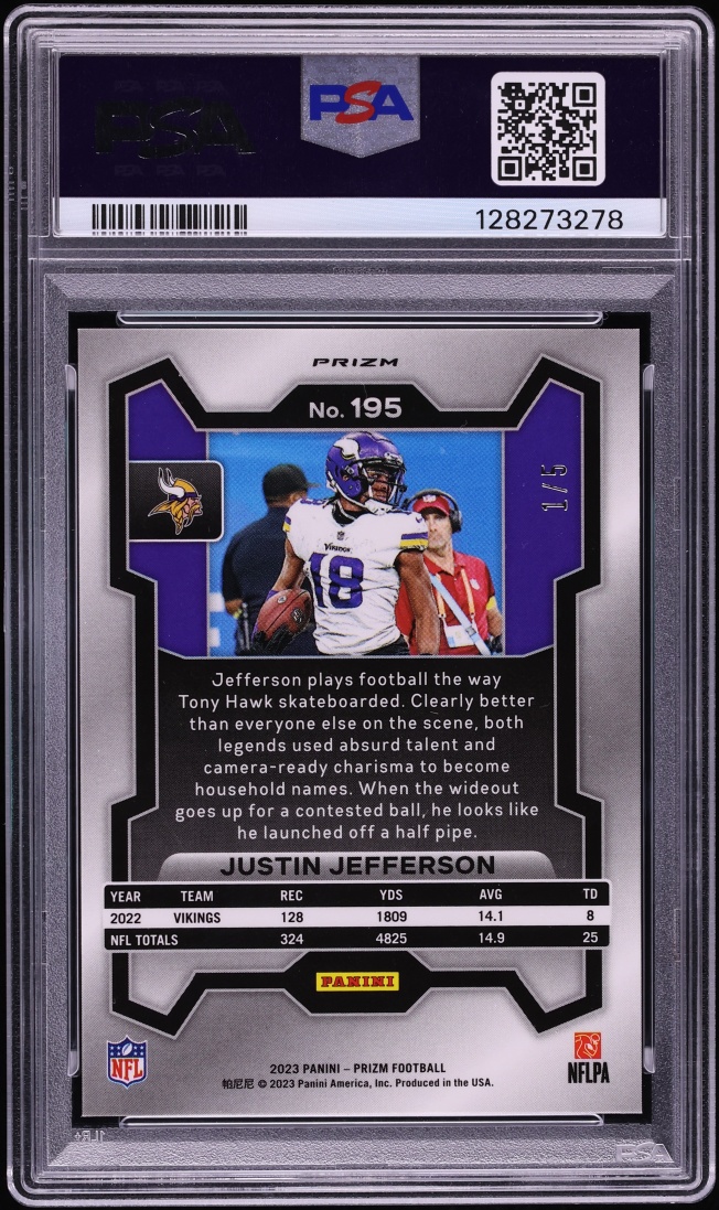 2023 Panini Prizm Gold Vinyl Justin Jefferson 1/5 #195 PSA 10 GEM MINT - Photo 2