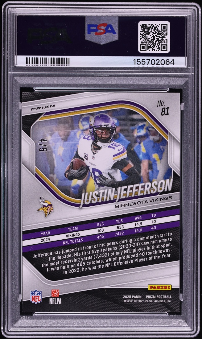 2025 Panini Prizm Gold Vinyl Justin Jefferson /5 #81 PSA 10 GEM MINT - Photo 2