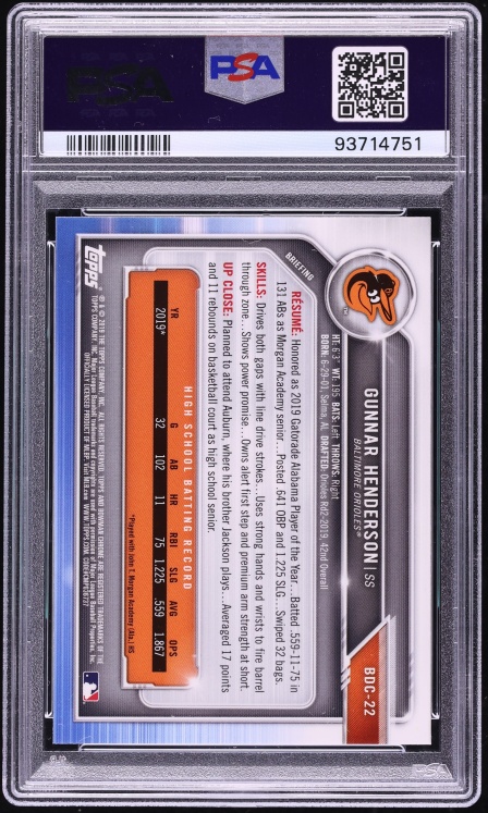 2019 Bowman Chrome Draft Gunnar Henderson PROSPECT #BDC-22 PSA 10 GEM MINT