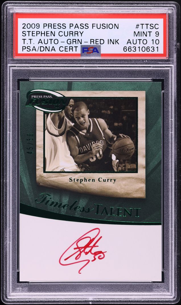 2009 Press Pass Fusion Timeless Talent Green Red Ink Stephen Curry ROOKIE AUTO DNA 10 /50 PSA 9