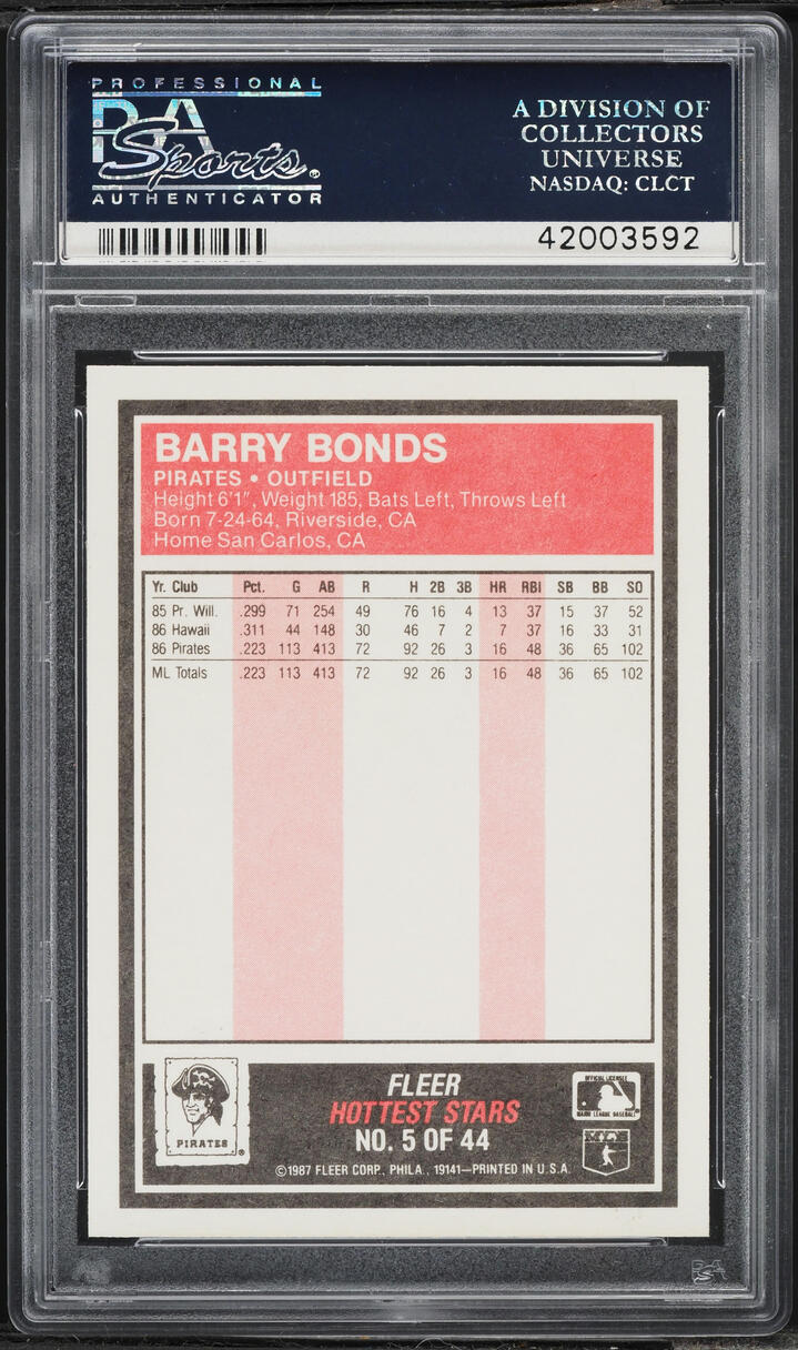 1987 Fleer Hottest Stars Barry Bonds ROOKIE #5 PSA 10 GEM MINT