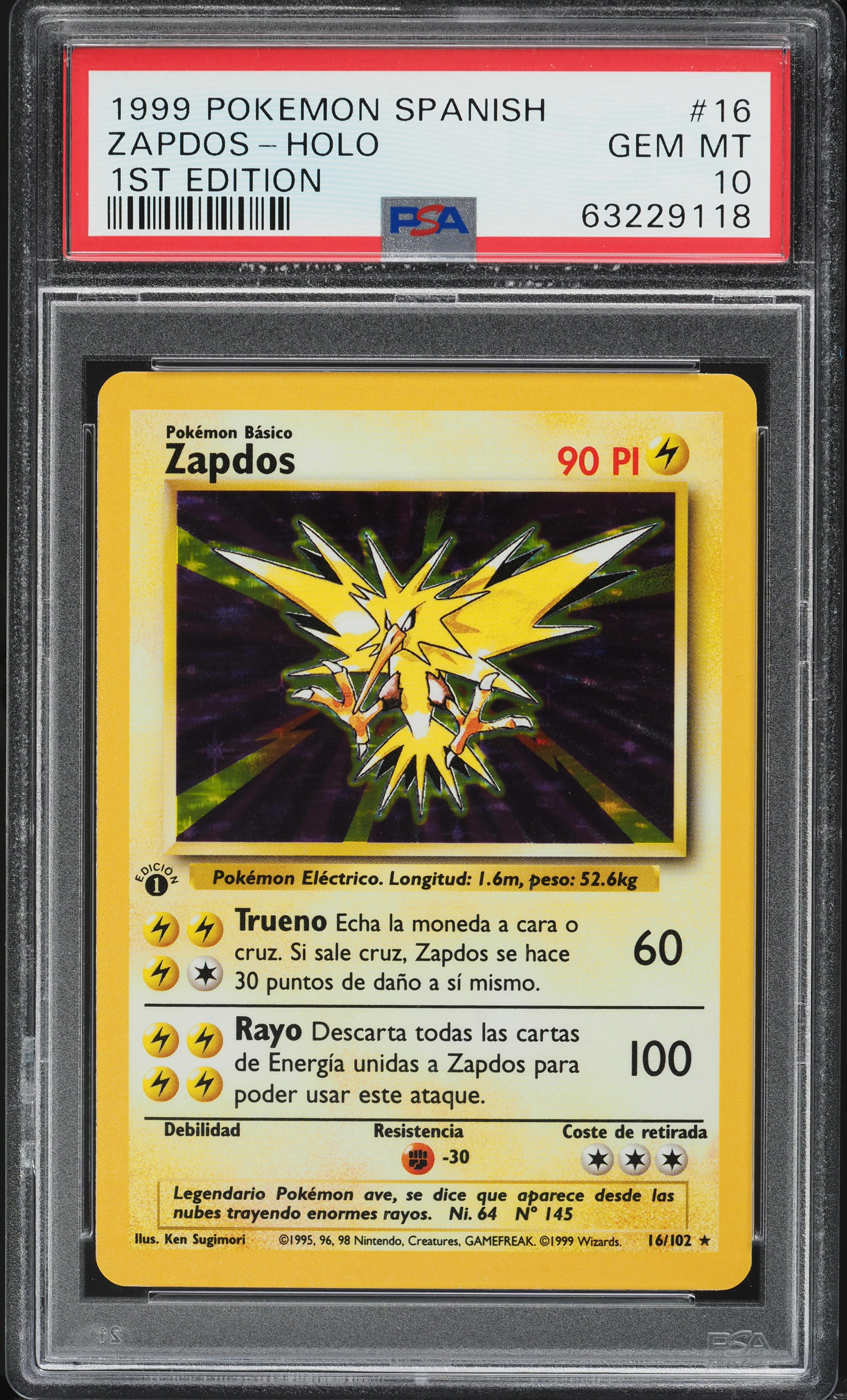 1999 Pokemon Spanish Base Set 1st Edition Holo Zapdos #16 PSA 10 GEM MINT