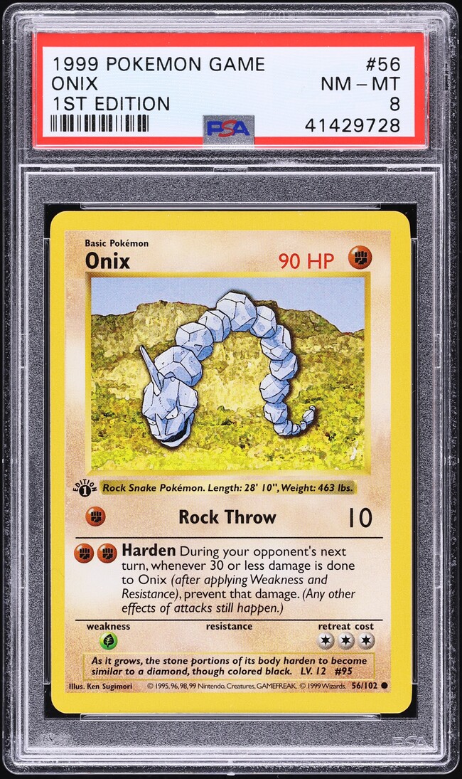 1999 Pokemon Base Set Shadowless 1st Edition Onix #56 PSA 8 NM-MT