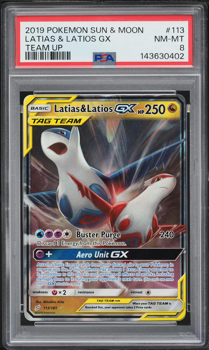 2019 Pokemon Sun & Moon Team Up Alt Art Latias & Latios GX #113 PSA 8 NM-MT