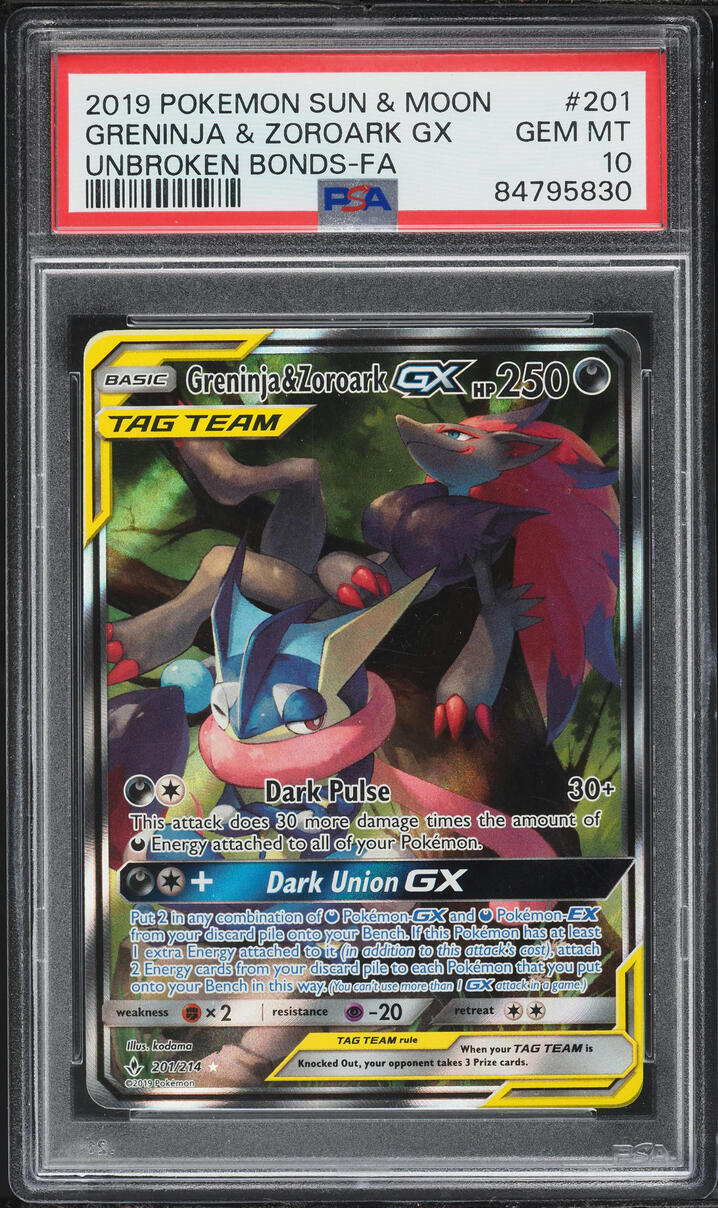 2019 Pokemon Sun & Moon Unbroken Bond Full Art Greninja & Zoroark GX #201 PSA 10 GEM MINT