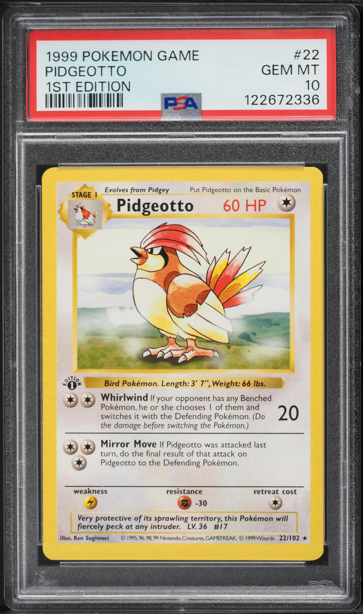 1999 Pokemon Base Set Shadowless 1st Edition Pidgeotto #22 PSA 10 GEM MINT