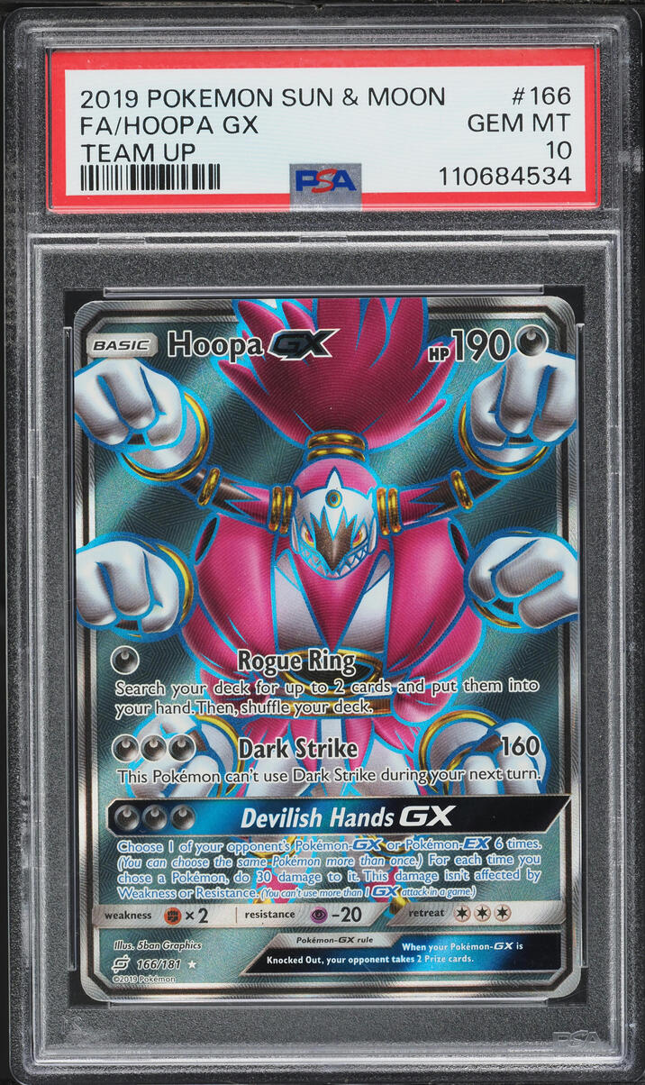 2019 Pokemon Sun & Moon Team Up Full Art Hoopa GX #166 PSA 10 GEM MINT