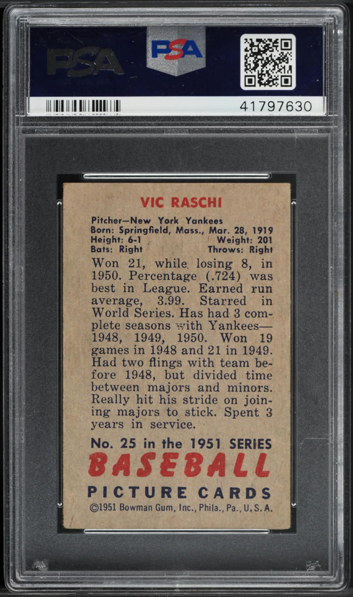 1951 Bowman Vic Raschi #25 PSA 3.5 VG+